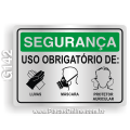G142 - Placa SEGURANÇA: Uso obrigatório luvas, máscara e protetor auricular