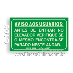 Placa Antes de Entrar Verifique o Elevador - SP (Fotoluminescente)