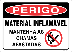 Placa PERIGO: Material Inflamável. Mantenha as chamas afastadas