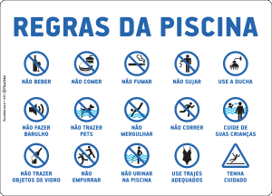 Placa de Normas e Regras para Piscina com Pictogramas - Segurança e Cuidados
